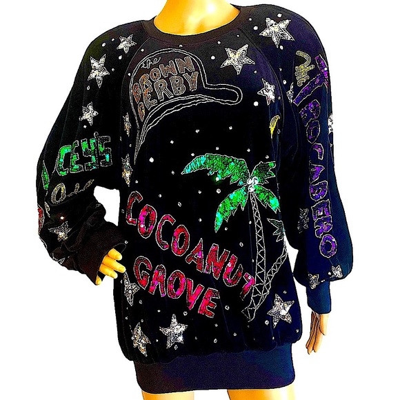 🆕 VINTAGE 80s BONNIE BOERER & CO VELVET SEQUIN HOLLYWOOD NIGHTCLUB SWEATSHIRT - Picture 1 of 16
